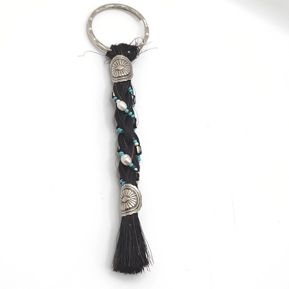 Vintage Southwestern Braided Horsehair Keychain Turquoise Pearl Concho Western